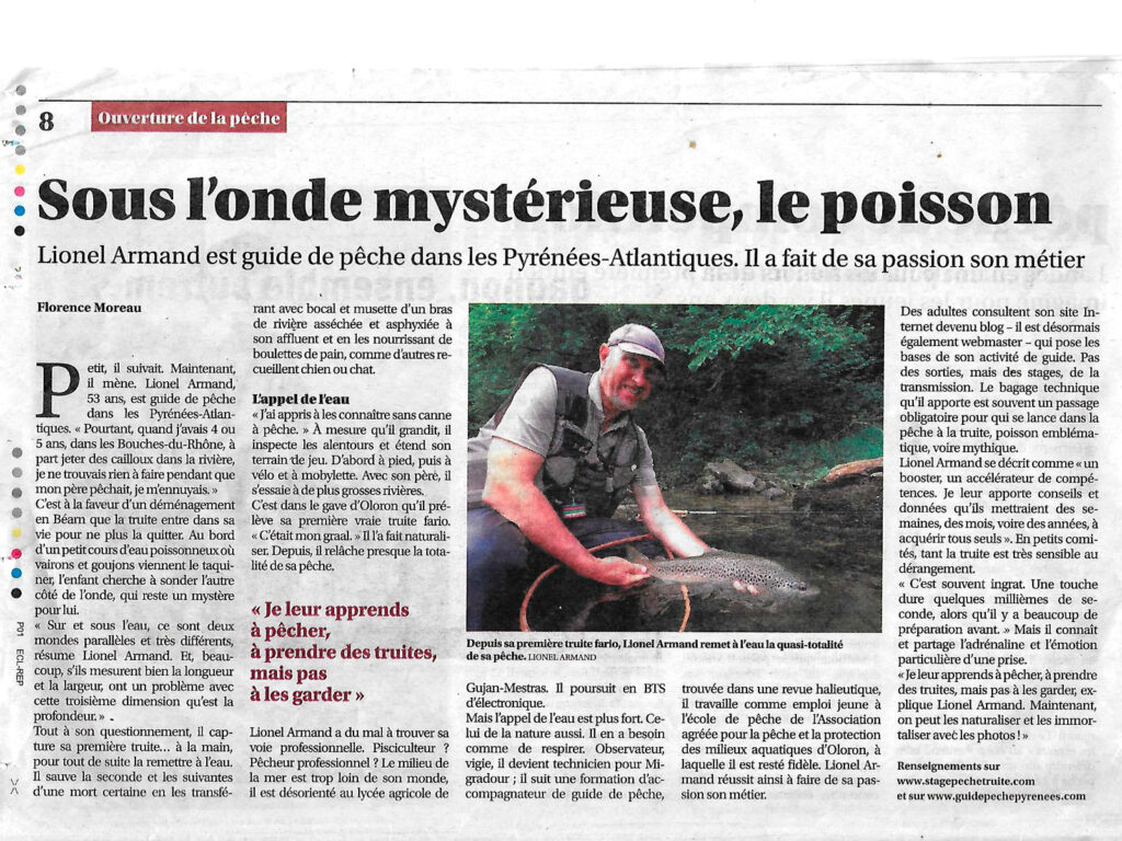 article-ouverture-peche-truite-2026-portrait-Lionel-ARMAND article presse truite 2026 : une présentation de mon parcours de vie et de mon activité de moniteur-guide de pêche dans les Pyrénées-Atlantiques